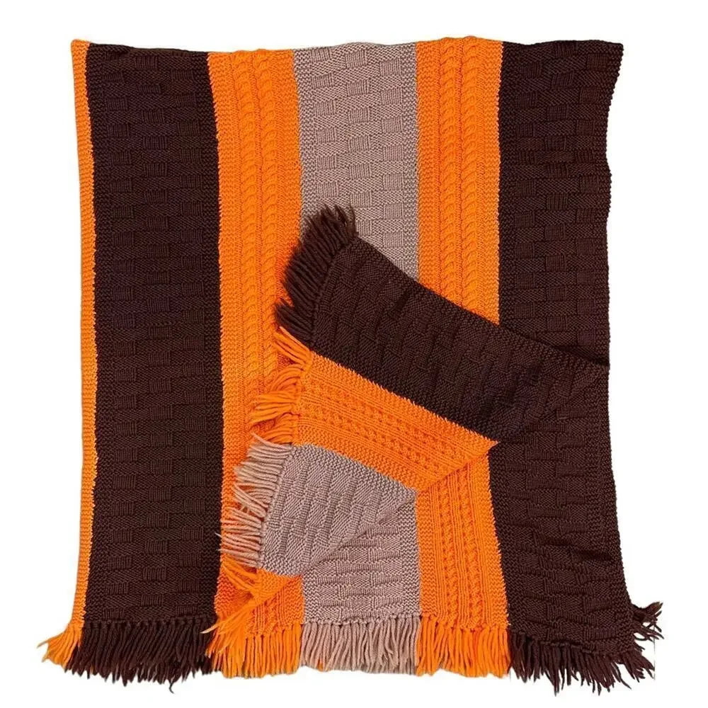 Decorative Warm Winter Fringe Edge Wool Textured Stripe Knit Throw Blanket